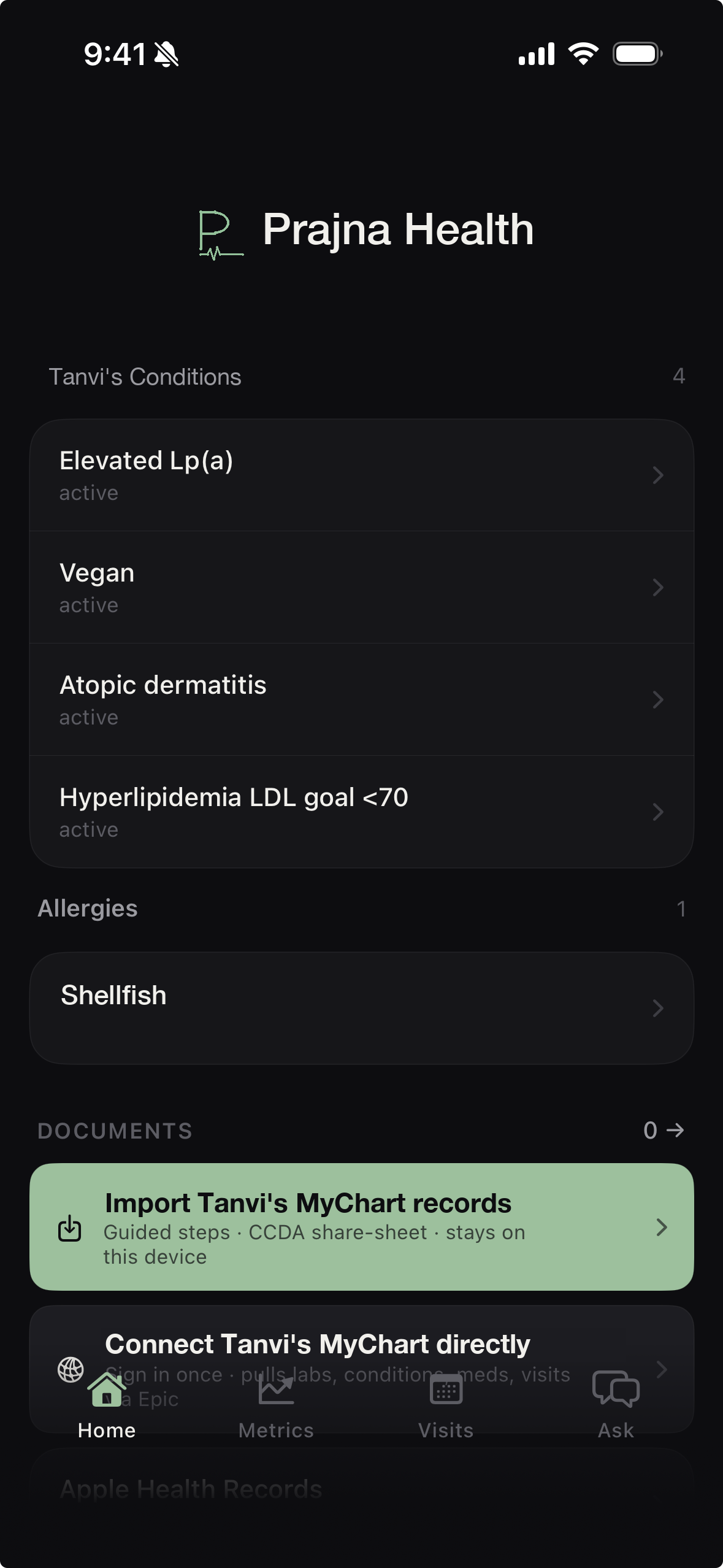 Prajna Home screen showing conditions, allergies, and MyChart record import for a profile